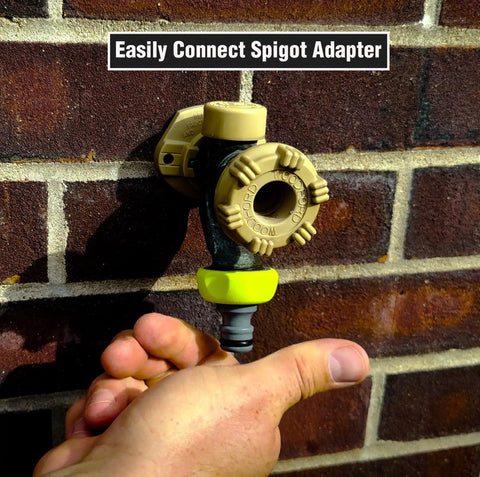 Garden Hose Quick Connect Fittings 5 Piece Plug Kit For Easy Attachments With Three Quarter Inch GHT Includes Four Male Plugs And One Female Plug Works With Flow Stop Couplers And Hose Adapters installed on brick wall