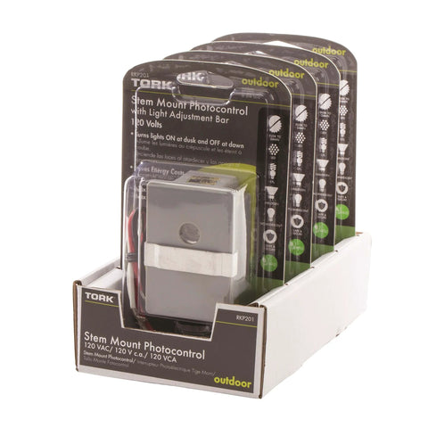 Outdoor 120V Stem Mount Photocontrol with Light Adjustment Bar in retail packaging, multiple units shown in a display box.