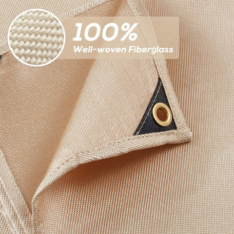 Close-up of a Fiberglass Welding Blanket Heavy Duty Pro Grade Built Tough 4x6 Ft with brass grommet and text detailing 100% fiberglass