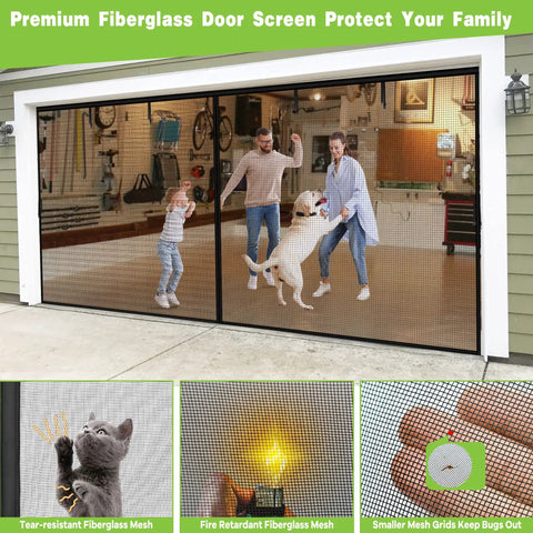 Magnetic Heavy Duty Fiberglass Garage Door Screen For Two Car Garage 16x7 Ft with family and dog inside, breathable mesh visible