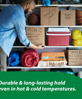 Man organizing storage shelves using heavy duty clear packing tape refills, 6 rolls, strong adhesion for shipping, moving, and storage.