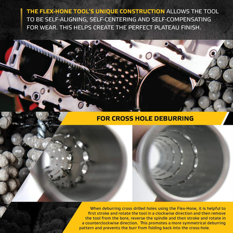 FLEX-HONE Deburring And Finishing Tool Pro Grade 4 1/4 Inch Diameter 240 Grit Silicon Carbide in action with cross hole deburring