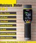 7 In 1 Moisture Meter Scanner With Pin And Pinless Modes For Drywall Cement Board Soft Wood And Hard Wood Up To 3/4 Inch Depth Quick Accurate Readings And Surface Scan For DIY Renovation shown on wood background