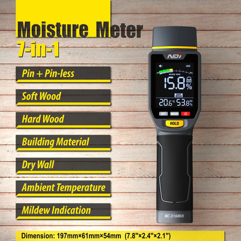 7 In 1 Moisture Meter Scanner With Pin And Pinless Modes For Drywall Cement Board Soft Wood And Hard Wood Up To 3/4 Inch Depth Quick Accurate Readings And Surface Scan For DIY Renovation shown on wood background