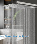 High Pressure Square Rain Shower Head With 16 Inch Chrome Head And 20 Inch Stainless Steel Extension Arm, in modern bathroom