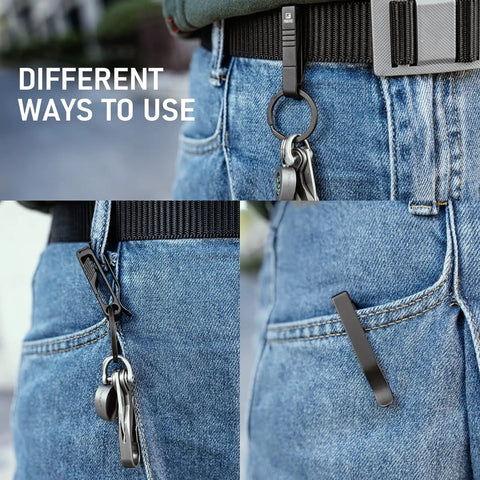Close-up of Titanium Belt Clip Key Holder with Carabiner and D Ring on denim, showing different ways to use.
