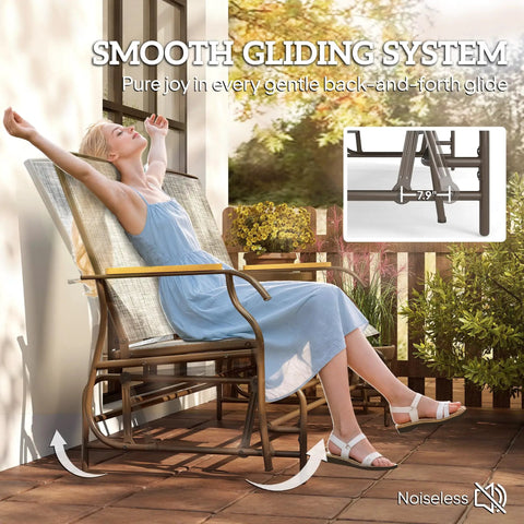 Person relaxing on Two Person Outdoor Glider Bench With Built In Table For Patio Hangout Or Porch Gray Swing Loveseat