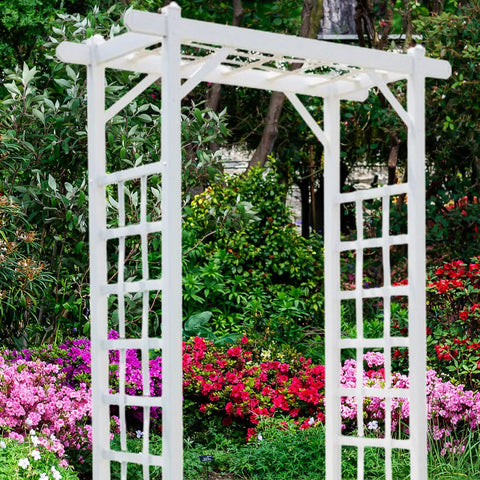 Vinyl Garden Arbor Archway for Outdoors, White 57 by 85 inches with Trellis Sides, Easy Setup PVC in Garden with Flowers