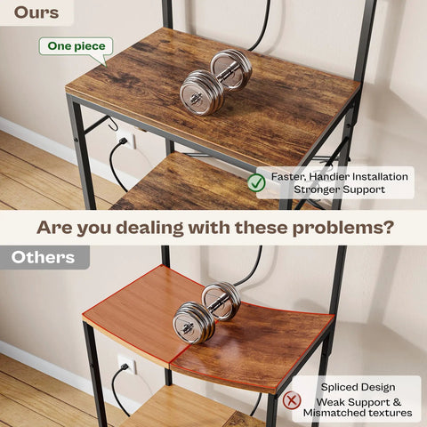 Comparison of Kitchen Bakers Rack With Power Outlet And Coffee Bar Table showing sturdy construction vs weak design.