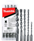 Front view: Makita 5-piece SDS-Plus drill bit set in clear case; carbide-tipped bits for concrete/masonry (3/16"–1/2").
