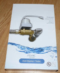 Automatic No-Fuss Water Leak Shutoff Valve With Sensor for Dishwashers and Toilets packaging on wooden floor