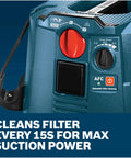 Savage 9 Gallon Dust Extractor With Auto Filter Activation For Grinders And Power Tools control panel showing filter cleaning feature.