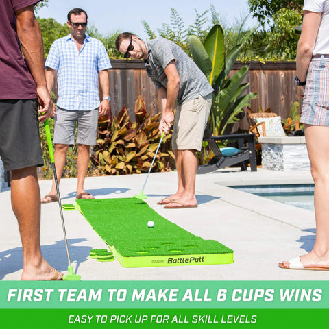 Group playing on BattlePutt 11 Ft Backyard Putting Green Pong Style Golf Mat With Two Putters Two Balls Twelve Hole Covers