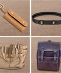 18 Sets Snap Fastener Kit 15mm Metal Snaps For Leather Bags Jeans Clothes And Fabric Black Great For Bag Making And Garment Repairs With Easy To Install Tools DIY Ready; brown leather wallet, black belt, khaki canvas bag, and blue leather backpack displayed.