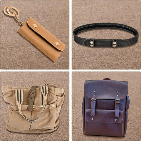 18 Sets Snap Fastener Kit 15mm Metal Snaps For Leather Bags Jeans Clothes And Fabric Black Great For Bag Making And Garment Repairs With Easy To Install Tools DIY Ready; brown leather wallet, black belt, khaki canvas bag, and blue leather backpack displayed.