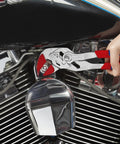 Adjustable Pliers Wrench Chrome Finish With Quick Release Button used on motorcycle engine, red blue comfort grip visible