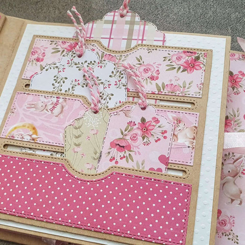 Stitched Slots Pocket Die Cut Set for card making in a scrapbook with floral and polka dot design, showcasing large 4.88x5 inch pockets.