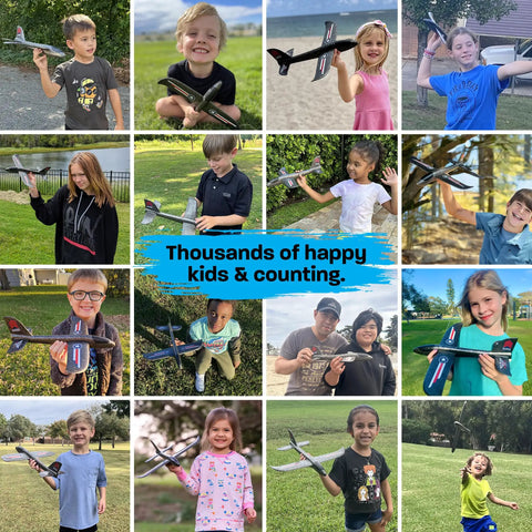 Collage of kids playing with Ultra Durable Foam Airplane Toy For Kids That Flies Fast And High Easy To Throw Glider Plane in various outdoor settings.