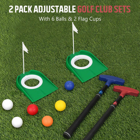 Two Pack Adjustable Golf Putters For Men And Women With 6 Practice Balls, 2 Flag Cups, And Training Kit, blue and red putters.
