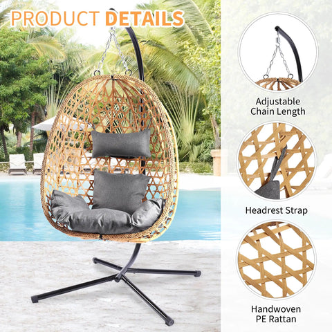 Hanging Egg Chair With Stand For Patio And Garden Wicker Swing Hammock Style With 350 Lbs Capacity, Yellow Gray, by poolside