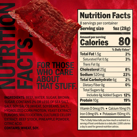 Original Beef Jerky Half Pounder Made With 100 Percent Real Beef Ready To Eat Protein Snack With 10g Per Serving In An 8 Oz Large Bag For Lunches And Outdoor Adventures, nutrition label