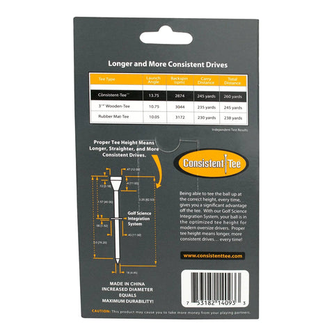 Back of packaging for Black Three And A Quarter Inch Golf Tees For 440cc To 460cc Drivers, highlighting features and specifications.