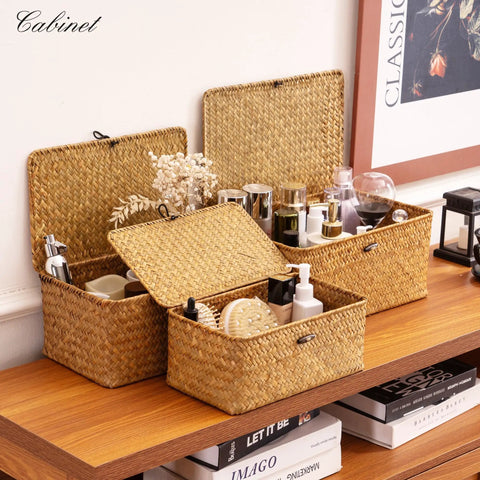 Real Deal Natural Seagrass Wicker Storage Baskets Set Of Three Hand Woven Shelf Organizers With Secure Lids For Closet Living Room Organization Eco Friendly Home Decor