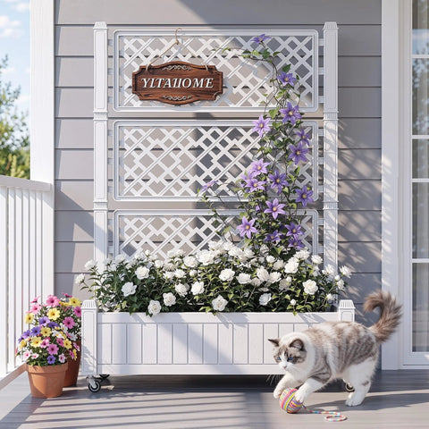 All Weather Raised Garden Bed With Trellis And Privacy Screen On Wheels beside flowers and cat playing on patio