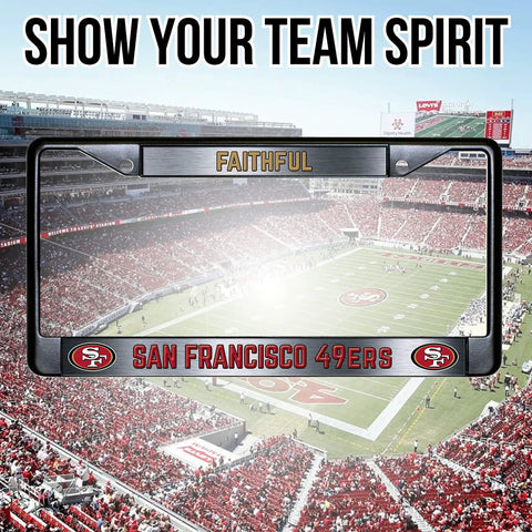Faithful Black Chrome License Plate Frame For 49ers Fans with full color graphics and 2 screw mount over a football stadium background.