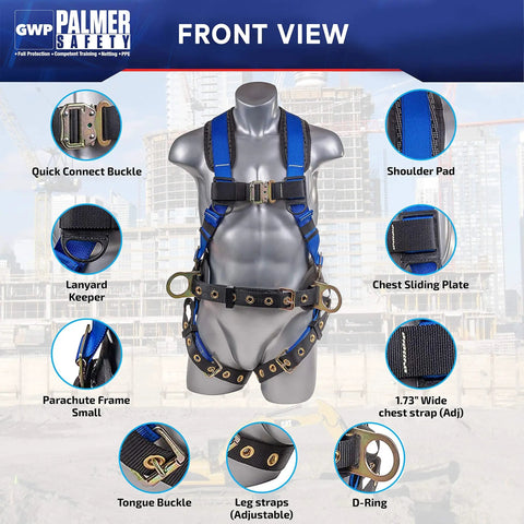 5 Point Safety Harness With 6 Foot Lanyard And D Ring Extender Kit For Industrial Roofing PPE Pro Grade OSHA ANSI Approved Comfortable Adjustable Straps Blue Large