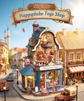 Build Your Own Bear Toy Store Miniature House Kit With 3D Wooden Puzzles And Moving Mechanics, DIY Dollhouse Studio For Grownups Featuring A Toy Train Circle And A Swaying Teddy Bear Conductor On Cozy Display Shelves. miniature toy shop display with wooden storefront and LED lights