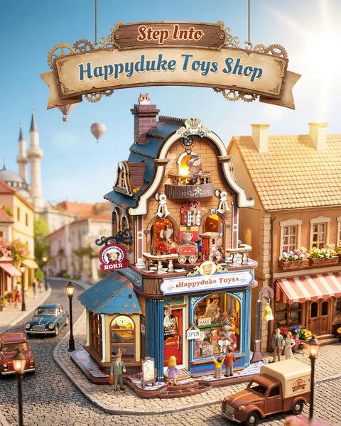 Build Your Own Bear Toy Store Miniature House Kit With 3D Wooden Puzzles And Moving Mechanics, DIY Dollhouse Studio For Grownups Featuring A Toy Train Circle And A Swaying Teddy Bear Conductor On Cozy Display Shelves. miniature toy shop display with wooden storefront and LED lights