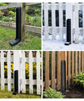 Installation views of 2 Pack Fence Post Repair Kit With Heavy Duty Steel Ground Spikes For Quick Fix Of Tilted And Broken 4x4 And 6x6 Wood Posts No Fuss Rust Resistant Ground Anchor For Garden Yard And Outdoor Fences on white and brown fences.