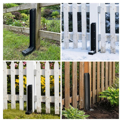 Installation views of 2 Pack Fence Post Repair Kit With Heavy Duty Steel Ground Spikes For Quick Fix Of Tilted And Broken 4x4 And 6x6 Wood Posts No Fuss Rust Resistant Ground Anchor For Garden Yard And Outdoor Fences on white and brown fences.