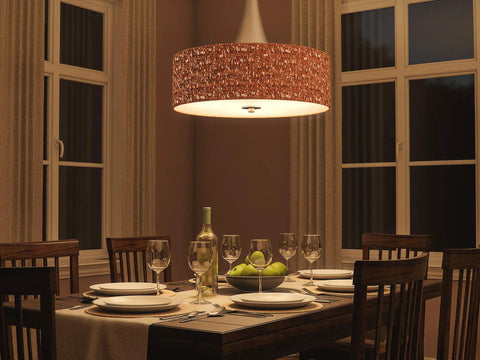 Bulletin 3 Light Pendant With Cork Shade In Brushed Steel Finish over a dining table set for dinner