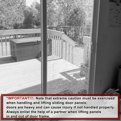 Glass sliding patio door with visible crack and outdoor deck view, caution note about heavy lifting and safety instructions included.