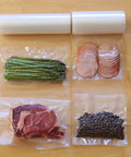 Top Notch Vacuum Sealer Bags 11 In x 50 Ft Sous Vide Roll 2 Pack filled with asparagus, ham, steak, and coffee beans