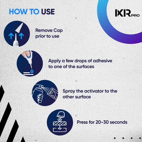 Instructions for using Cyanoacrylate Glue Kit With Activator And Accelerator Spray showing steps of application and pressing.