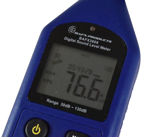 Pro Grade Decibel Meter With 30 To 130 dBA Sound Level Range, SPL Reader And Data Logger For Windows showing 76.6 dB reading