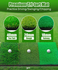 Premium tri-turf mat with tee turf, rough, and fairway sections labeled 40mm, 20mm, 18mm for golf practice.