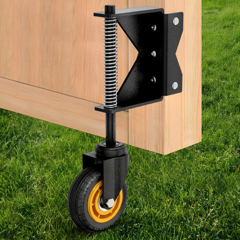 4 Inch Gate Wheel With Spring Loaded Absorbing Solid Rubber Tire For Wooden Fence Gates 260 Lbs Capacity No Tools Needed For Quick Mount Includes Screws And Screwdriver Black Left Orientation attached to wooden gate.