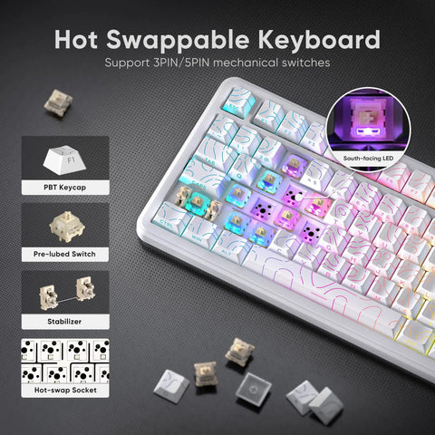Dope Tri Mode Wireless Mechanical Keyboard With Hot Swappable Prelubed Coconut Switches Gasket Mount Rgb Lighting Cnc Knob And White Contour Build showing keycap and switches