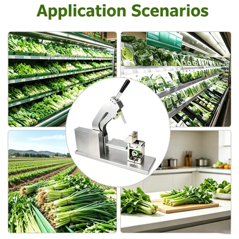 Heavy Duty Semi Automatic Vegetable Strapping Machine For PE PVC Film in retail and kitchen settings, packing fresh greens.