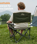 Rear view of a person sitting on a Big And Tall 400 Pound Heavy Duty Folding Camp Chair With Solid Metal Armrests And Swivel Cup Holder, Oversized 22 Inch Seat For Outdoor Use, RV Trips, Tailgating, And Lawn Camping, Portable Green, showing breathable backrest