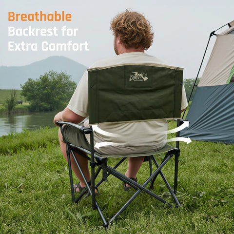 Rear view of a person sitting on a Big And Tall 400 Pound Heavy Duty Folding Camp Chair With Solid Metal Armrests And Swivel Cup Holder, Oversized 22 Inch Seat For Outdoor Use, RV Trips, Tailgating, And Lawn Camping, Portable Green, showing breathable backrest