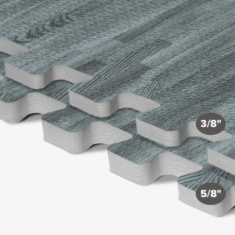Interlocking Foam Floor Tiles 3/8 Inch Thick With Slick Wood Grain Look Anti Fatigue Mats Slate Color 24x24 Inches tiles close-up view
