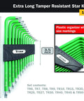 Extra-Long Tamper-Resistant Star Key Set, 13-Piece, green handle, drilled tips, S2 steel, satin-plated finish, long-reach tools