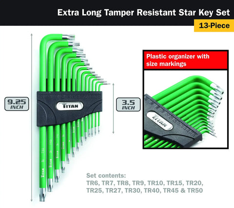 Extra-Long Tamper-Resistant Star Key Set, 13-Piece, green handle, drilled tips, S2 steel, satin-plated finish, long-reach tools