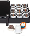 Premium Glass Coffee Stand With Pod Drawer For Keurig Coffeemakers Keeps Pods Handy On The Counter, capsules organized in drawer.