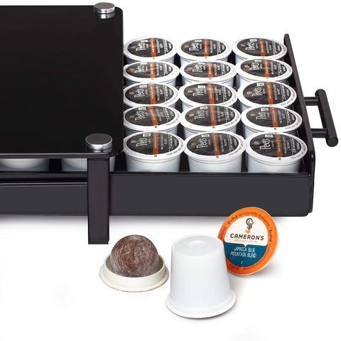 Premium Glass Coffee Stand With Pod Drawer For Keurig Coffeemakers Keeps Pods Handy On The Counter, capsules organized in drawer.